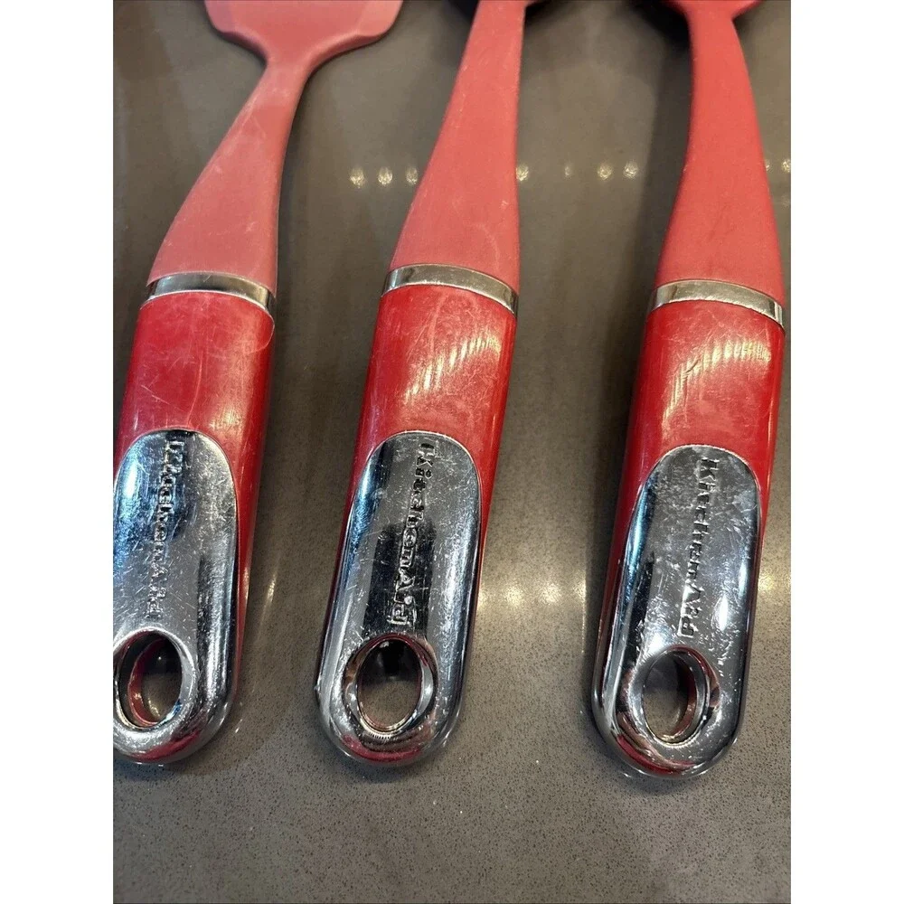 Lot 4 KitchenAid Kitchen Utensils Empire Red Spatula Ladle Reg & Slotted Spoon